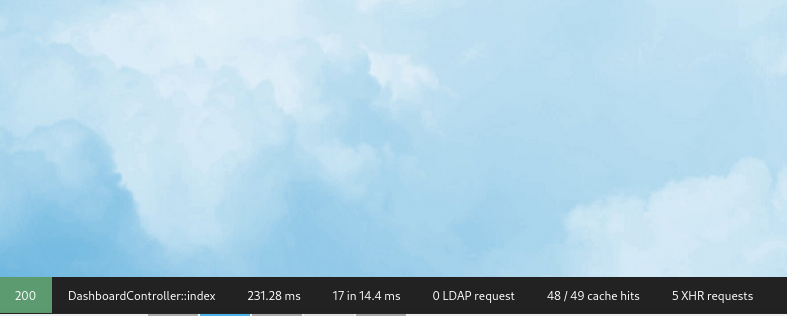 Nextcloud profiler toolbar showing request timing, database queries, LDAP requests, and cache statistics